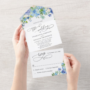 Invitation Tout En Un Mariage Élégant Aquarelle Hydrangea Bleu Verdure