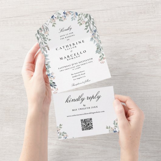 Invitation Tout En Un Mariage élégant avec code QR de verdure florale (Déchirure)