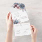Invitation Tout En Un Mariage élégant bleu Dusty et floral Mauve (Déchirure)