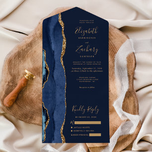 Invitation Tout En Un Mariage élégant bleu marine agate or