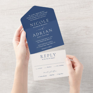 Invitation Tout En Un Mariage Élégant Bleu Navy Classique