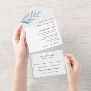 Invitation Tout En Un Mariage Élégant Botanique Bleu Poussiéreux Rustiqu