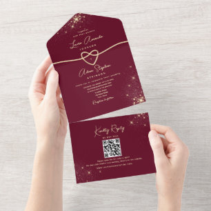 Invitation Tout En Un Mariage Élégant Burgundy et Or Étincelant