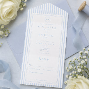 Invitation Tout En Un Mariage Élégant Classique à Rayures Bleues Monogra