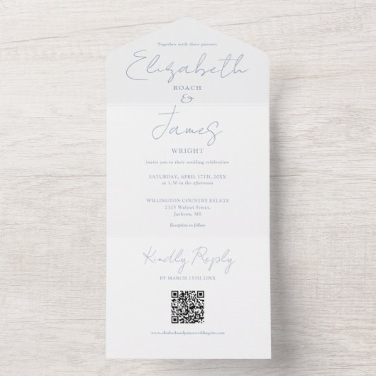 Invitation Tout En Un Mariage élégant code QR en écriture Dusty Blue (À l'intérieur)