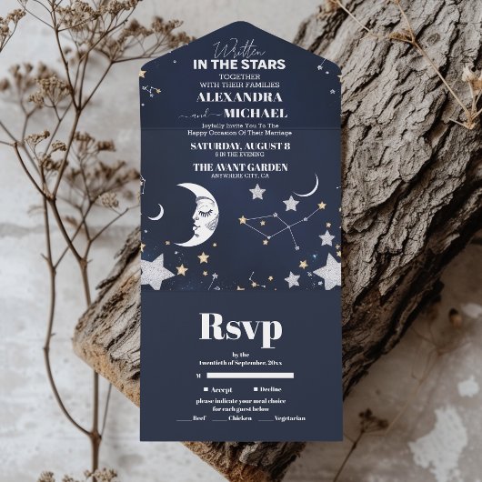 Invitation Tout En Un Mariage Élégant Croissant de Lune Céleste