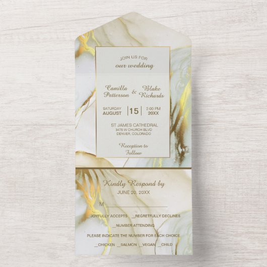 Invitation Tout En Un Mariage élégant en marbre blanc moderne (À l'intérieur)