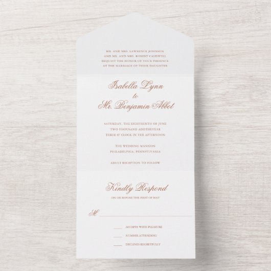 Invitation Tout En Un Mariage élégant et traditionnel en terre cuite (À l'intérieur)