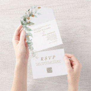Invitation Tout En Un Mariage élégant Eucalyptus Glam Code QR