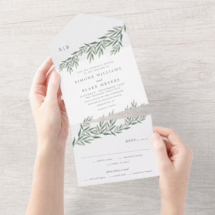Invitation Tout En Un Mariage Élégant Feuillage Vert