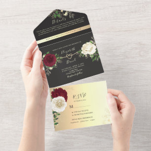 Invitation Tout En Un Mariage élégant floral bordeaux et noir