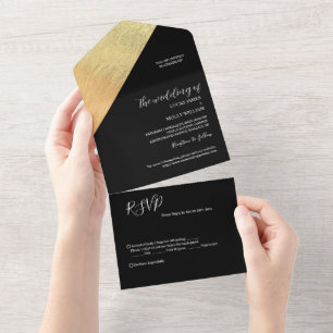 Invitation Tout En Un Mariage élégant moderne noir et or feuille
