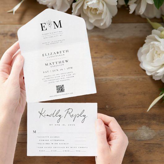 Invitation Tout En Un Mariage Élégant Moderne Simple Chic Foliage QR Cod