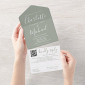 Invitation Tout En Un Mariage élégant moderne vert sauge Code QR Script (Déchirure)