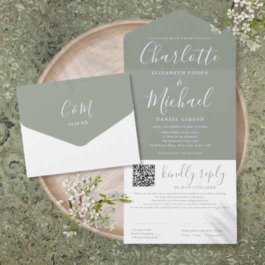 Invitation Tout En Un Mariage élégant moderne vert sauge Code QR Script