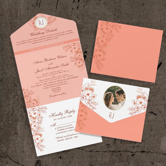 Invitation Tout En Un Mariage Élégant Monogramme Pêche