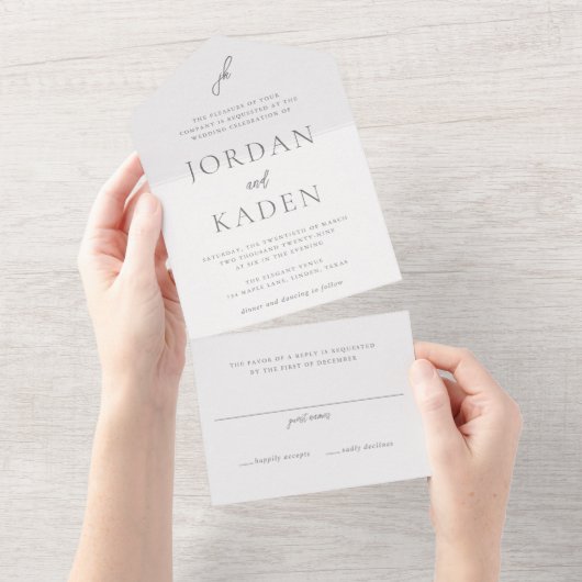 Invitation Tout En Un Mariage Élégant Monogramme Script Gris (Déchirure)