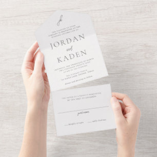 Invitation Tout En Un Mariage Élégant Monogramme Script Gris