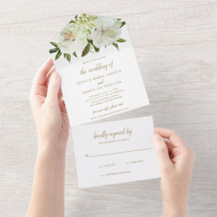 Invitation Tout En Un Mariage Élégant Neutre Floral Blanc Ivoire Or