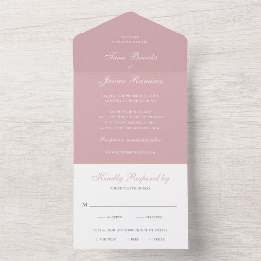 Invitation Tout En Un Mariage élégant, simple et Dusty Rose rose (À l'intérieur)