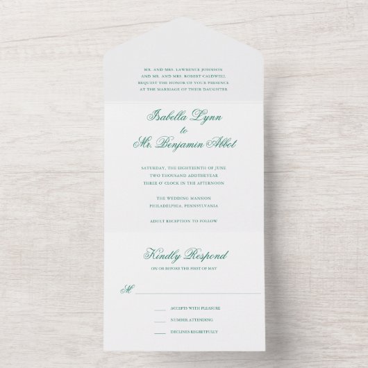 Invitation Tout En Un Mariage élégant traditionnel vert émeraude (À l'intérieur)