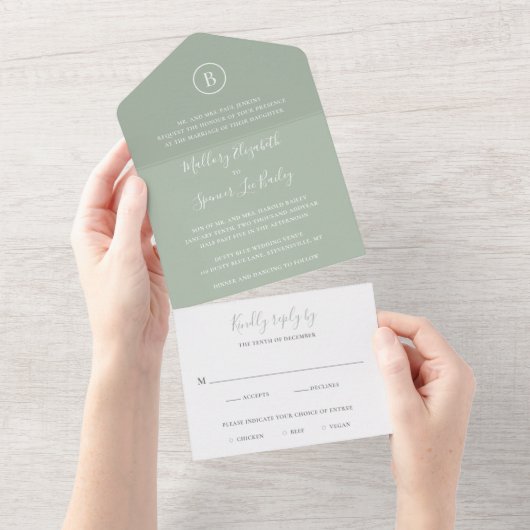 Invitation Tout En Un Mariage élégant traditionnel vert Sage (Déchirure)