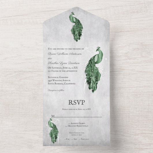 Invitation Tout En Un Mariage Emerald Green Peacock (À l'intérieur)