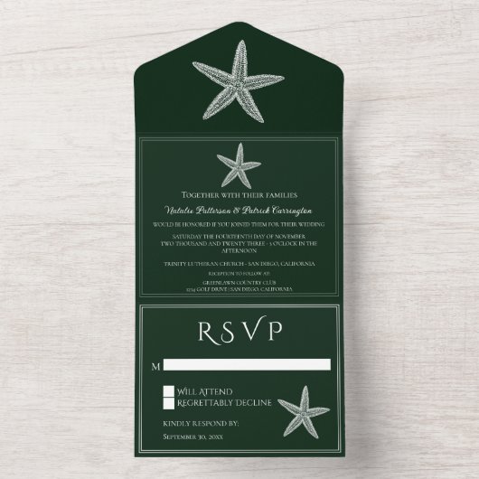 Invitation Tout En Un Mariage Emerald Green Starfish (À l'intérieur)