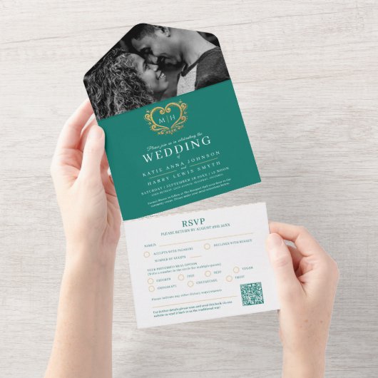 Invitation Tout En Un Mariage émeraude vert blanc or coeur monogramme QR (Déchirure)