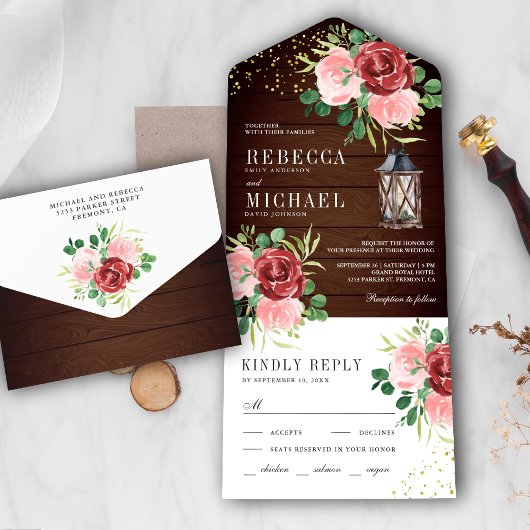Invitation Tout En Un Mariage en bois de lanterne rose-bordeaux