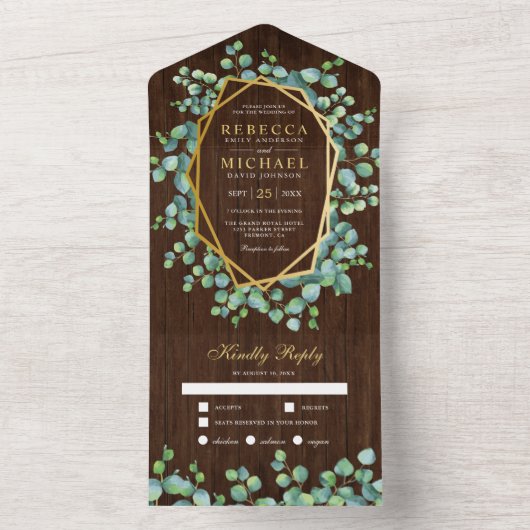 Invitation Tout En Un Mariage en bois Feuille Géométrique Or (À l'intérieur)