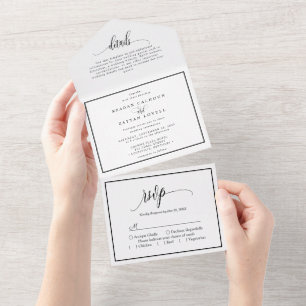 Invitation Tout En Un Mariage en calligraphie noir et blanc
