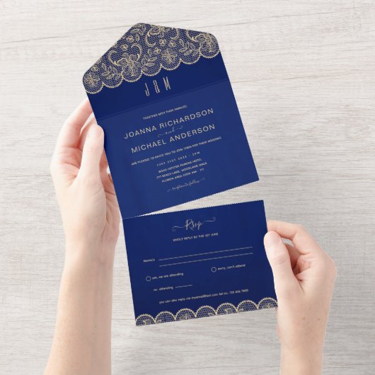 Invitation Tout En Un Mariage en dentelle bleu tout compris avec RSVP (Déchirure)