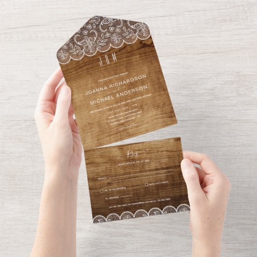 Invitation Tout En Un Mariage en dentelle tout compris en bois rustique (Déchirure)