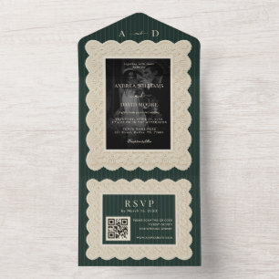 Invitation Tout En Un Mariage en dentelle verte vintage