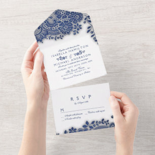 Invitation Tout En Un Mariage en dentelle vintage bleu marine