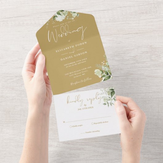 Invitation Tout En Un Mariage en écriture florale de verdure dorée (Déchirure)