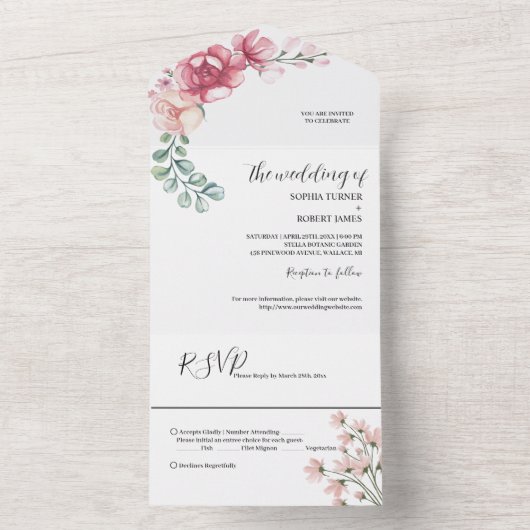 Invitation Tout En Un Mariage en fleur rose (À l'intérieur)