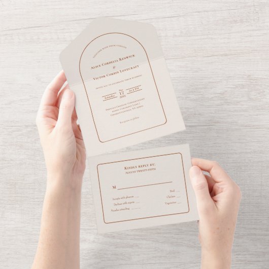 Invitation Tout En Un Mariage en ivoire simple Boho Arch RSVP (Déchirure)