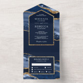 Invitation Tout En Un Mariage en marbre bleu marine et en marbre doré (À l'intérieur)
