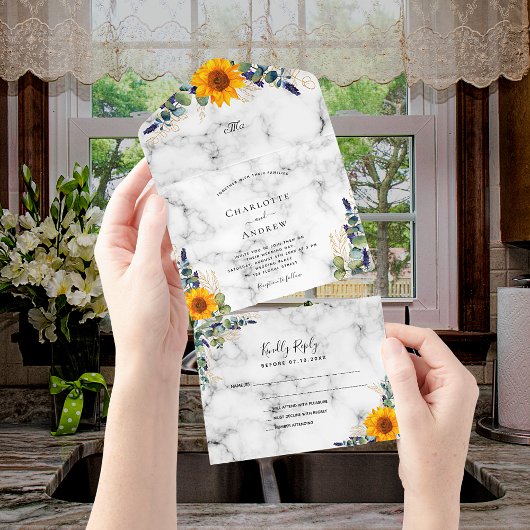 Invitation Tout En Un Mariage en marbre des fleurs de soleil Eucalyptus