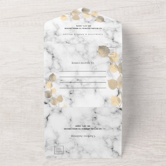 Invitation Tout En Un Mariage en marbre doré Eucalyptus (Dehors)