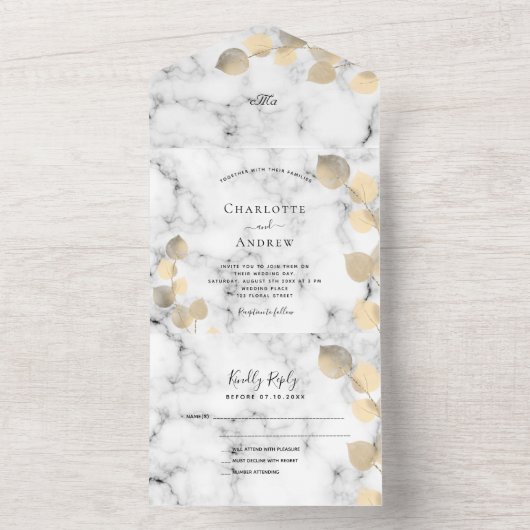 Invitation Tout En Un Mariage en marbre doré Eucalyptus (À l'intérieur)