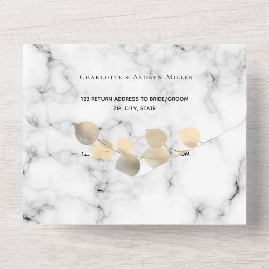 Invitation Tout En Un Mariage en marbre doré Eucalyptus (Verso)