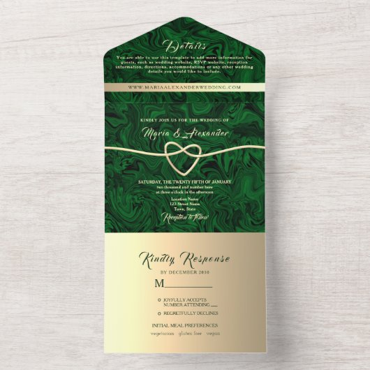 Invitation Tout En Un Mariage en marbre Emerald Gold (À l'intérieur)