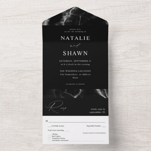 Invitation Tout En Un Mariage en marbre noir (À l'intérieur)