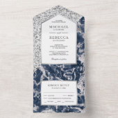 Invitation Tout En Un Mariage en marbre Parties scintillant bleu et arge (À l'intérieur)