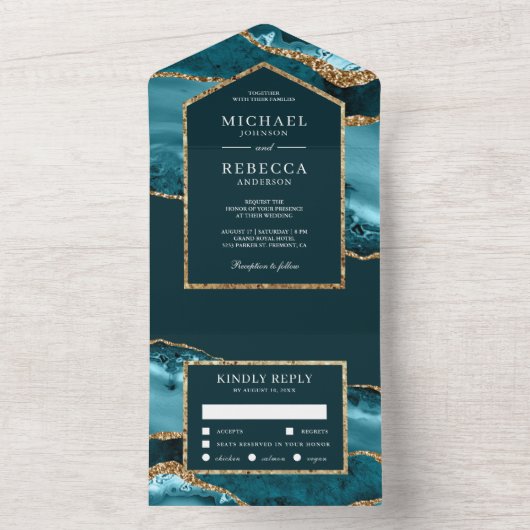 Invitation Tout En Un Mariage en marbre turquoise et doré (À l'intérieur)