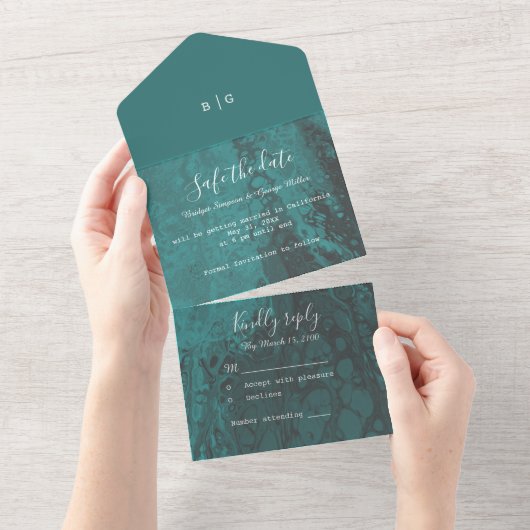 Invitation Tout En Un mariage en marbre vert émeraude vert océan sécurit (Déchirure)