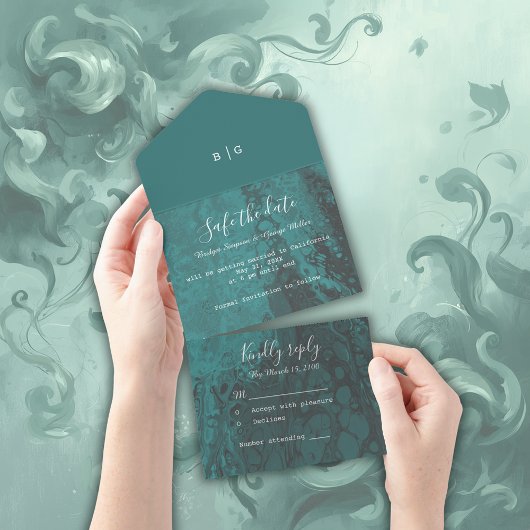 Invitation Tout En Un mariage en marbre vert émeraude vert océan sécurit